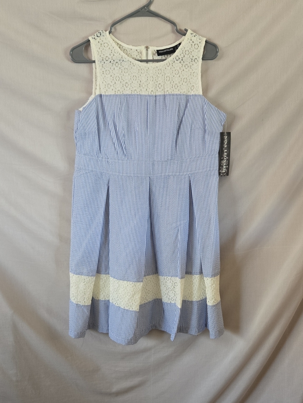 Nina Leonard Blue & White Lace Yoke Striped Fit-and-Flare Dress